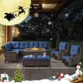 thumbnail image 1 of POCASSY 7PCS Outdoor Furniture Set with Firepit Table, Brown Wicker Outdoor Conversation Set with Patio Sectional Sofa Patio Swivel Chairs and Propane Firepit for Deck Porch Garden - Blue, 1 of 21