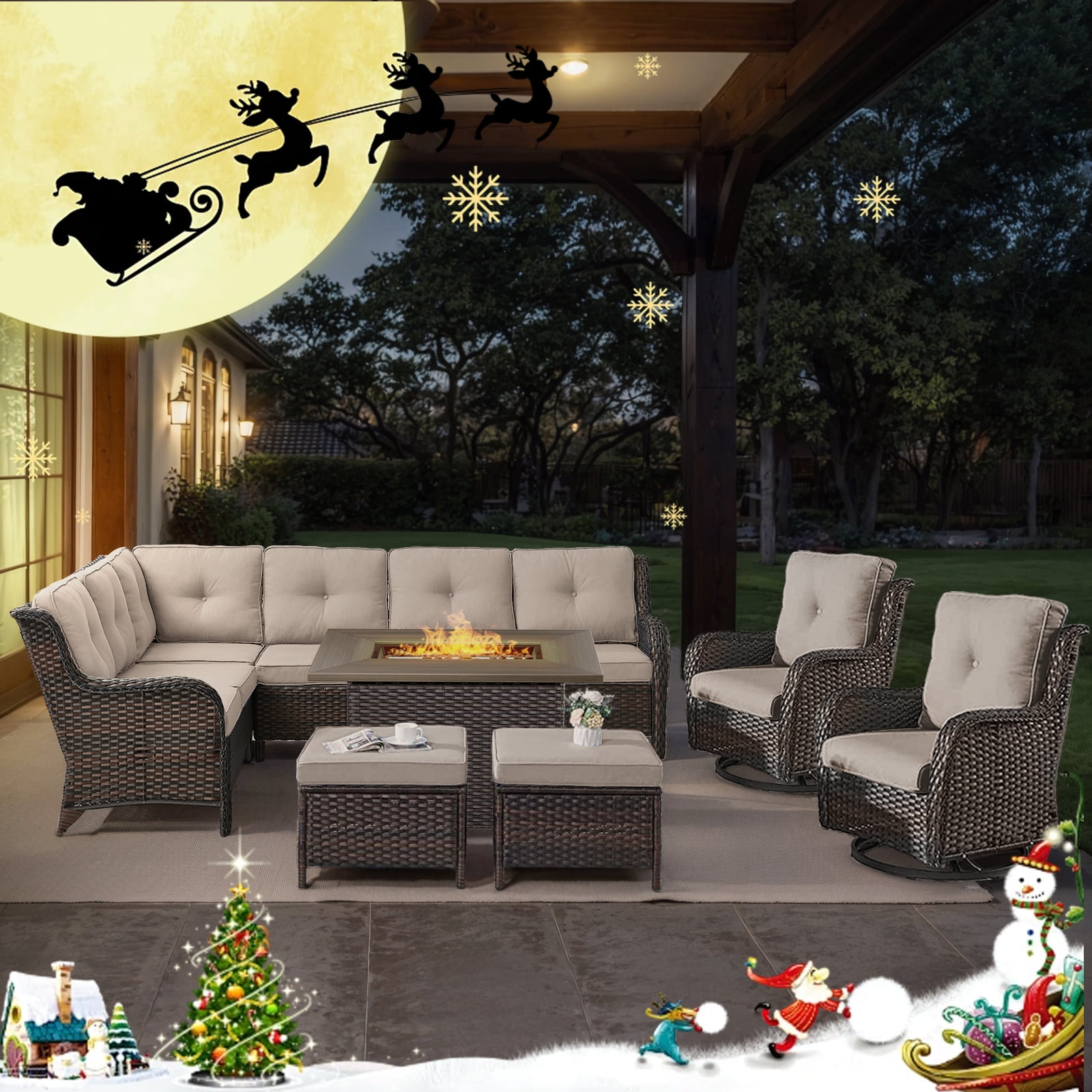 POCASSY 7PCS Outdoor Furniture Set with Firepit Table, Brown Wicker Outdoor Conversation Set with Patio Sectional Sofa Patio Swivel Chairs and Propane Firepit for Deck Porch Garden - Beige
