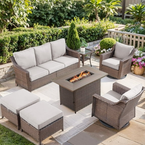 POCASSY 7PCS Patio Furniture Set with 41" Propane Fire Pit Table, Outdoor Conversation Set with All Weather Brown Wicker Patio Couch Sofa and Swivel Chair for Garden Balcony Porch - Brown/Beige