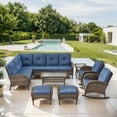 thumbnail image 1 of POCASSY 8 Piece L-Shaped Patio Furniture Set, Patio Set with Sectional Sofa Rocking Chairs Coffee Table Side Table and Ottoman, Brown Wicker and Blue Cushions – Ideal for Deck Garden Pool, 1 of 20