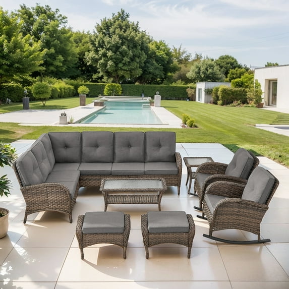 POCASSY 8 Piece L-Shaped Patio Furniture Set, Patio Set with Sectional Sofa Rocking Chairs Coffee Table Side Table and Ottoman, Brown Wicker and Gray Cushions – Ideal for Deck Garden Pool