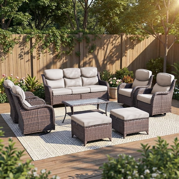 POCASSY 8-Piece Outdoor Patio Furniture Set with Swivel Chairs, Luxury High Back Rattan Wicker Outdoor Conversation Set with 5-inch Thick Seat Cushion Sofa and Swivel Glider Patio Chair for Porch