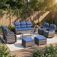 thumbnail image 1 of POCASSY 8-Piece Outdoor Patio Furniture Set with Swivel Chairs, Luxury High Back Rattan Wicker Outdoor Conversation Set with 5-inch Thick Seat Cushion Sofa and Swivel Glider Patio Chair for Porch, 1 of 17