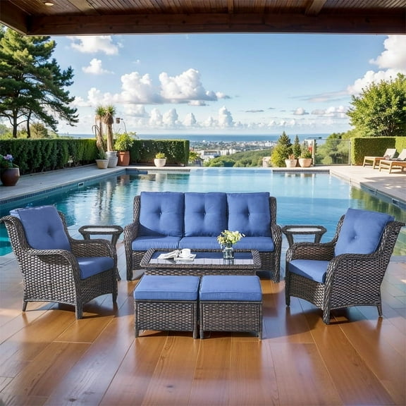 POCASSY 8 Piece Rattan Outdoor Conversation Furniture Set Wicker Sofa Seating Group with Cushions for Backyord, Garden, Pool