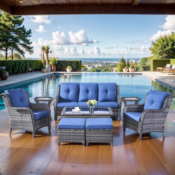 POCASSY 8 Piece Rattan Outdoor Conversation Furniture Set Wicker Sofa Seating Group with Cushions for Backyord, Garden, Pool