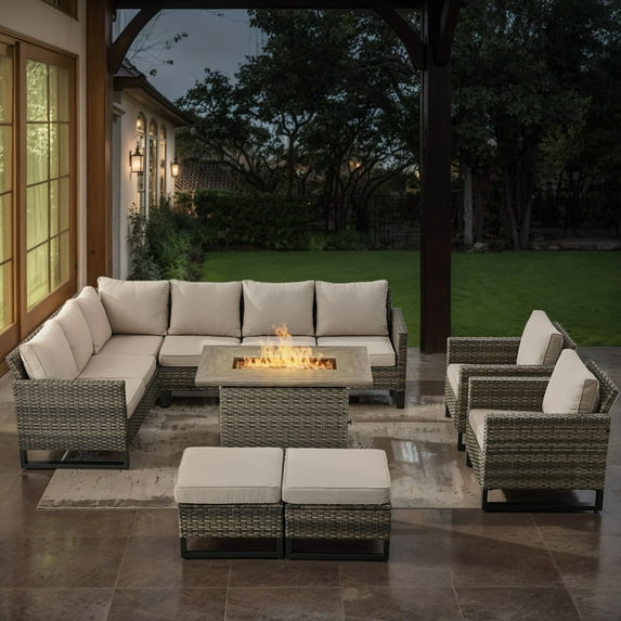 POCASSY 8PCS Outdoor Furniture Set with Fire Pit Table - All Weather Gray Wicker Outdoor Sectional Sofa with 41" Propane Firepit Table Outdoor Conversation Set for Deck, Porch, Garden - Beige