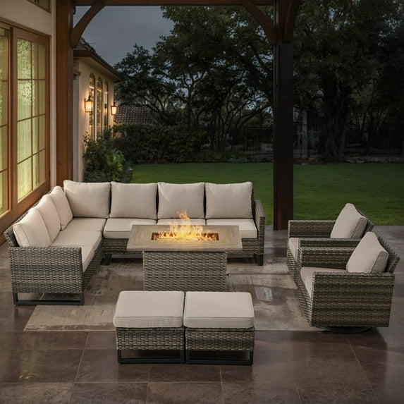 POCASSY 8PCS Outdoor Furniture Set with Fire Pit Table - All Weather Gray Wicker Outdoor Sectional Sofa with 41" Propane Firepit Table Outdoor Conversation Set for Deck, Porch, Garden - Beige