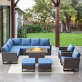 thumbnail image 1 of POCASSY 8PCS Patio Furniture Set with Fire Pit Table - All Weather Brown Wicker Outdoor Sectional Sofa with 41" Rectangular Propane Firepit Table Outdoor Conversation Set for Deck, Porch - Blue, 1 of 19