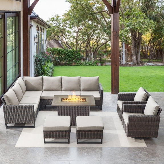 POCASSY 8PCS Patio Furniture Set with Fire Pit Table - All Weather Brown Wicker Outdoor Sectional Sofa with 41" Rectangular Propane Firepit Table Outdoor Conversation Set for Deck, Porch - Beige