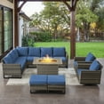 thumbnail image 1 of OPOHORO 8PCS Patio Furniture Set with Propane Fire Pit, Gray Wicker Rattan Furniture Set for Outside with Sectional Couch Patio Swivel Chairs Rectangular Propane Firepit Table - Blue, 1 of 15