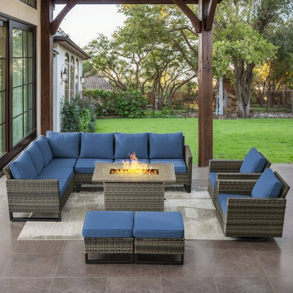 OPOHORO 8PCS Patio Furniture Set with Propane Fire Pit, Gray Wicker Rattan Furniture Set for Outside with Sectional Couch Patio Swivel Chairs Rectangular Propane Firepit Table - Blue