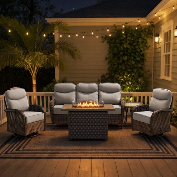 POCASSY All-Weather Brown Wicker Outdoor Furniture Set with Fire Pit, 5-Seater Patio Fire Pit Set with 6-inch Thick Cushions and 2 Patio Swivel Rockers, Ideal for Porch Balcony, Beige Cushion