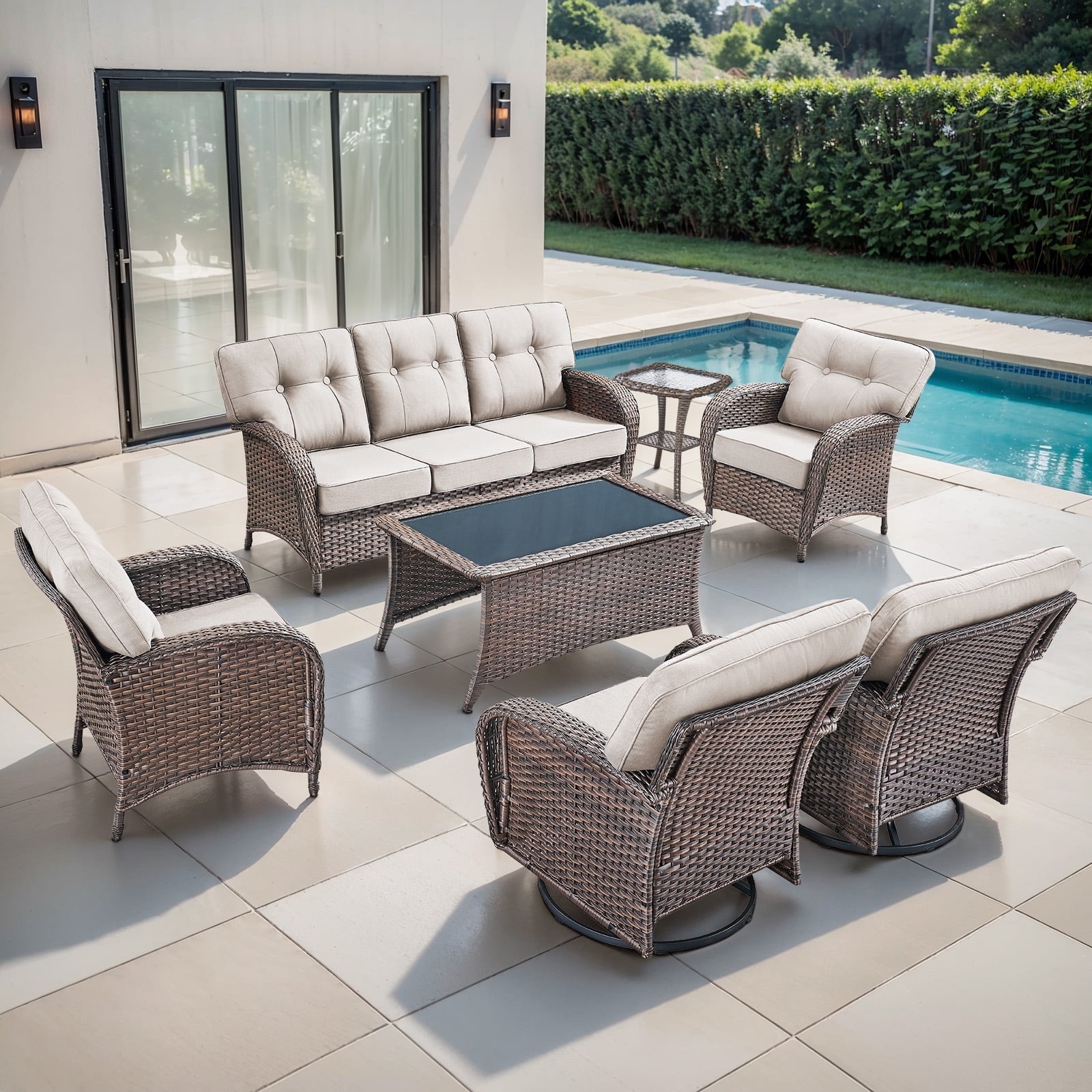 POCASSY Brown Wicker 7 Piece Patio Furniture Set with 5" Thick Cushions, Outdoor Patio Furniture Set with Swivel Gliding Rocker Chairs and Club Chairs