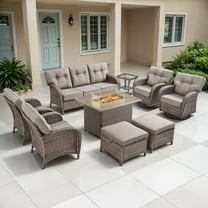 POCASSY Brown Wicker 9 Piece Patio Furniture Set with 5" Thick Cushions, 41" Propane Fire Pit Table Set with Swivel Glider Chairs and Club Chairs