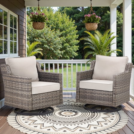 POCASSY High Back Swivel Rocker Patio Chairs Set of 2, All-Weather Gray Wicker Patio Furniture Lounge Chairs with Cushions for Balcony Porch Patio, Beige Cushion