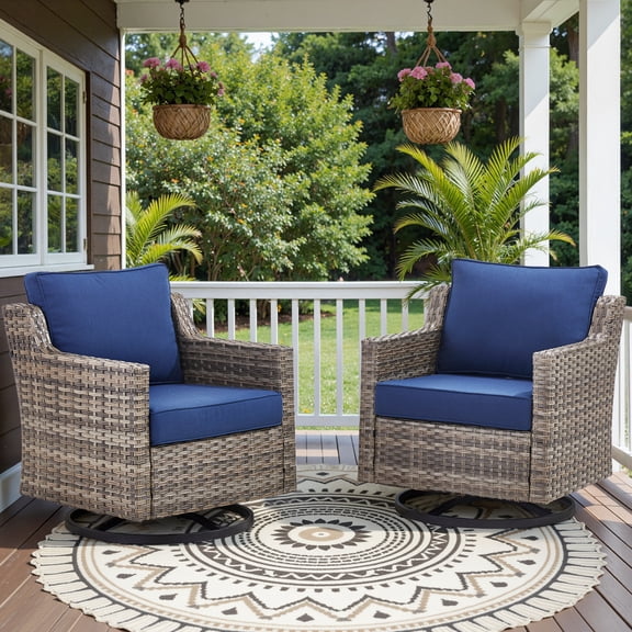 POCASSY High Back Swivel Rocker Patio Chairs Set of 2, All-Weather Gray Wicker Patio Furniture Lounge Chairs with Cushions for Balcony Porch Patio, Blue Cushion