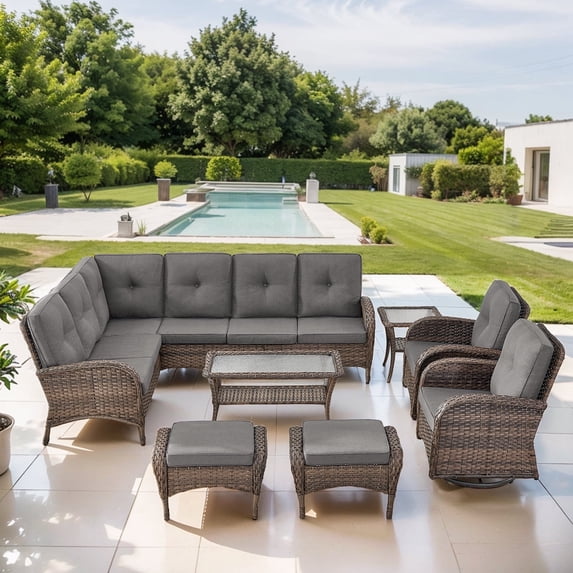 POCASSY L Shaped Patio Furniture Set, 8 Pieces Outdoor Conversation Set with Ottoman Brown Wicker Patio Sectional Sofa for Deck Garden in Gray