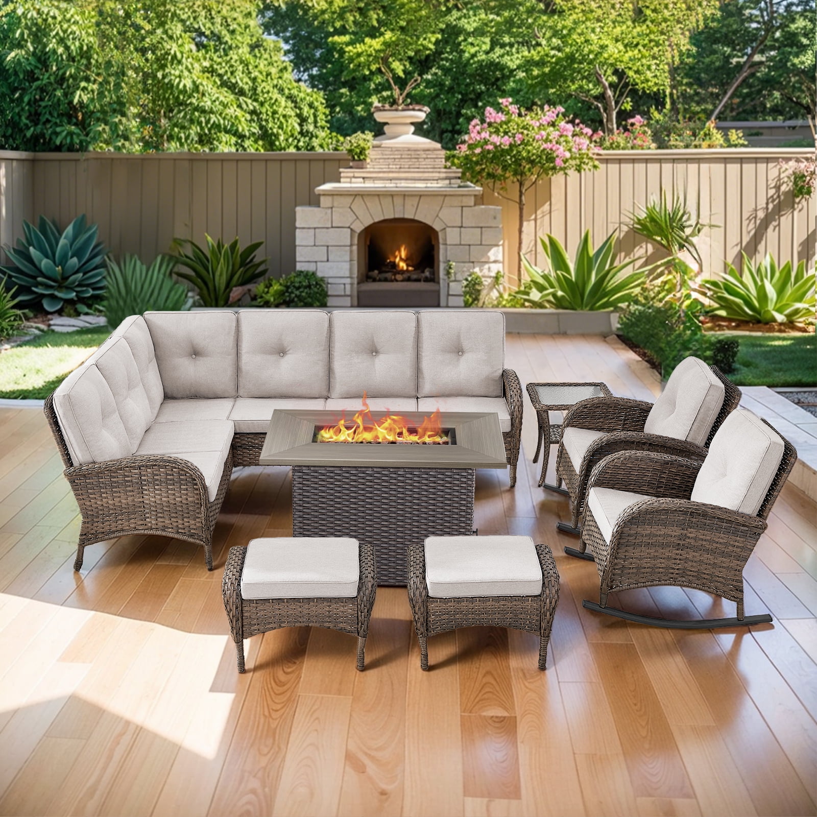 POCASSY L Shaped Patio Furniture Set with Fire Pit, 8 Pieces Outdoor Conversation Set with Ottoman Brown Wicker Patio Sectional Sofa for Deck Garden Pool in Beige