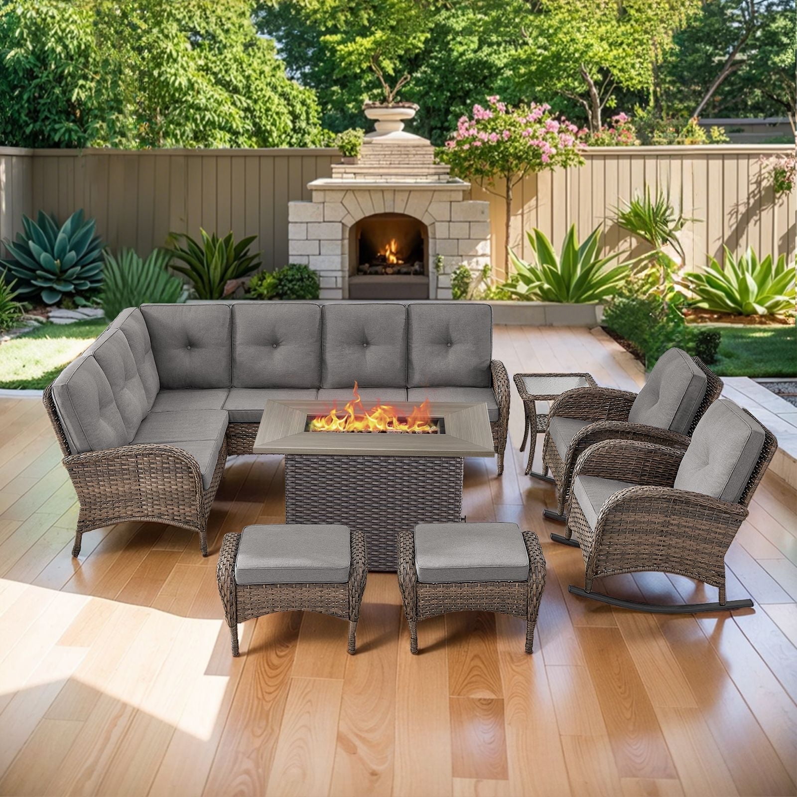POCASSY L Shaped Patio Furniture Set with Fire Pit, 8 Pieces Outdoor Conversation Set with Ottoman Brown Wicker Patio Sectional Sofa for Deck Garden Pool in Gray