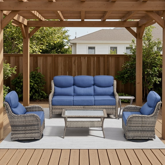 POCASSY Luxury 6" Extra Thick Cushion Patio Furniture Set, 5-Piece Outdoor Patio Furniture Set with Swivel Patio Chairs, Sofa Couch and Coffee Table, Outdoor Conversation Set for Porch Balcony