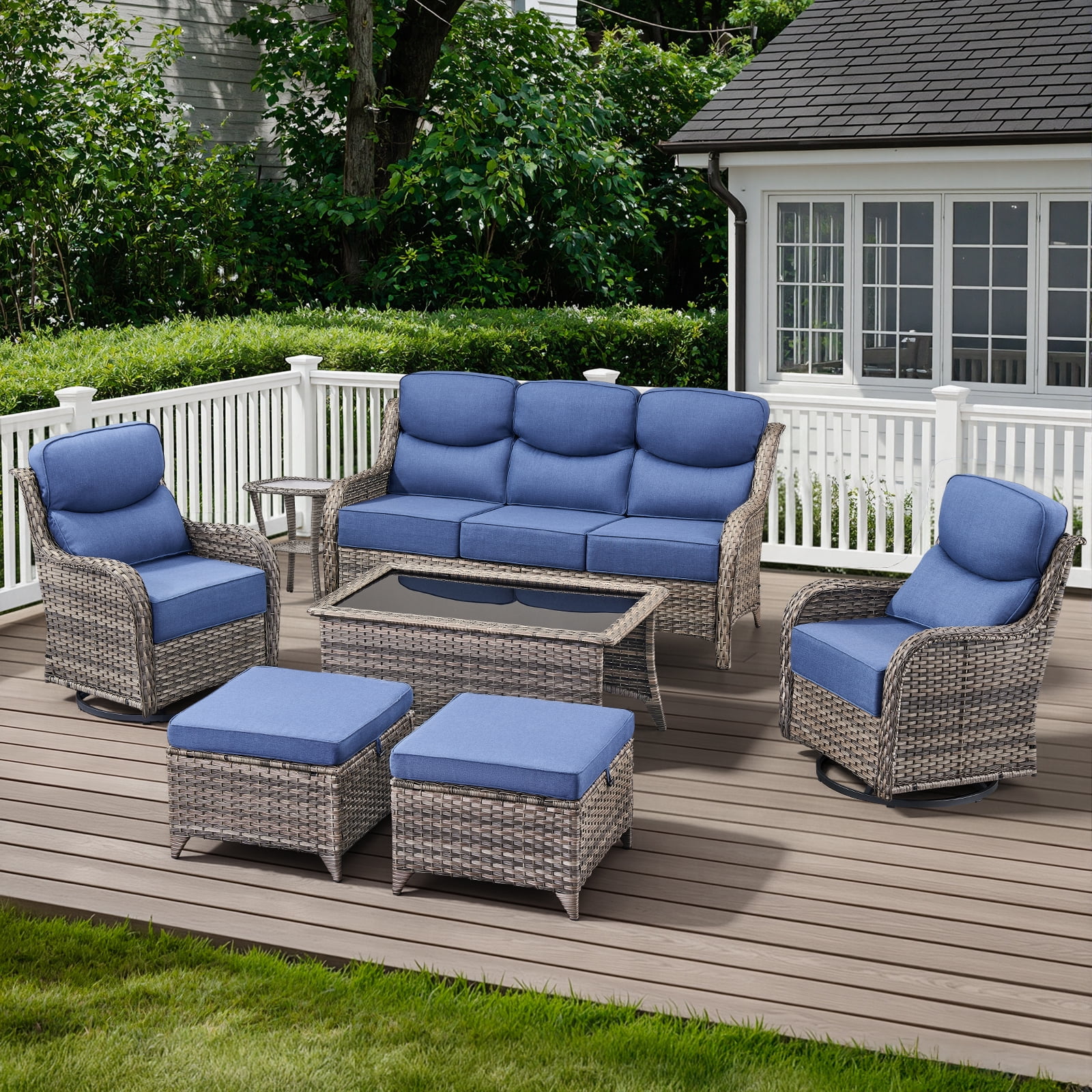 POCASSY Luxury 6" Extra Thick Cushion Patio Furniture Set, 7-Piece Outdoor Patio Furniture Set with Swivel Patio Chairs, Sofa Couch and Coffee Table, Outdoor Conversation Set for Porch Balcony
