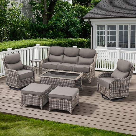 POCASSY Luxury 6" Extra Thick Cushion Patio Furniture Set, 7-Piece Outdoor Patio Furniture Set with Swivel Patio Chairs, Sofa Couch and Coffee Table, Outdoor Conversation Set for Porch Balcony