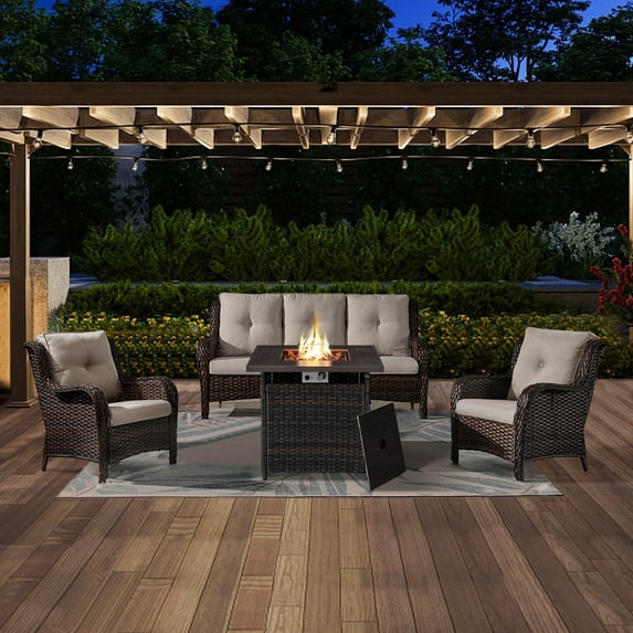 POCASSY Outdoor 4PCS Patio Furniture Set with Fire Pit 50000BTU Propane Firepit Table Patio Couch Furniture Set, Ideal for Backyard Porch, Brown Wicker/Beige Cushion