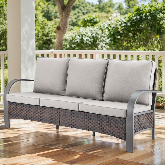 POCASSY Outdoor 75" Width 3 Seater Sofa with Cushions, All Weather Patio Brown Wicker Sofa Outdoor Couch Furniture for Porch, Deck, Garden, Beige