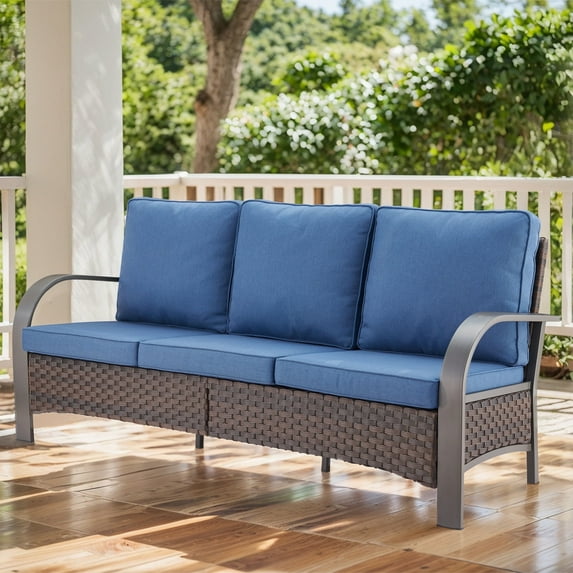 POCASSY Outdoor 75" Width 3 Seater Sofa with Cushions, All Weather Patio Brown Wicker Sofa Outdoor Couch Furniture for Porch, Deck, Garden, Blue