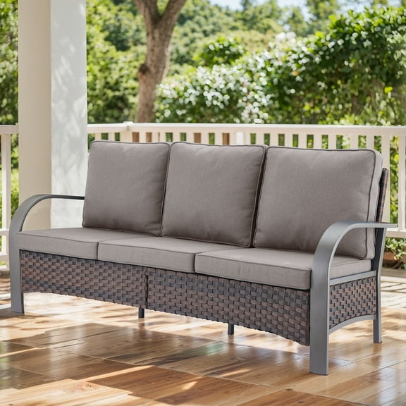 POCASSY Outdoor 75" Width 3 Seater Sofa with Cushions, All Weather Patio Brown Wicker Sofa Outdoor Couch Furniture for Porch, Deck, Garden, Gray