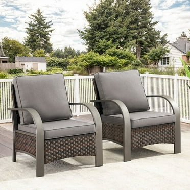 POCASSY Outdoor Accent Chairs Set of 2 with Cushions, Outside Brown Wicker Lounge Chairs with Stainless Metal Armrest for Porch, Garden, Deck, Gray