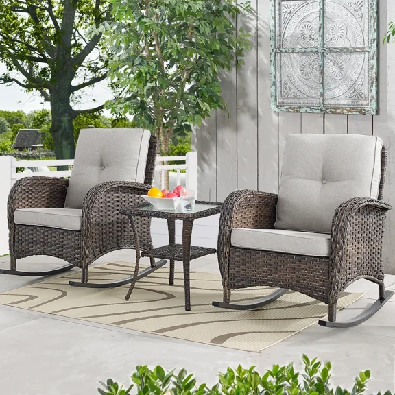 POCASSY Outdoor Brown Wicker Patio Furniture Rattan Rocking Chairs with Cushions and Side Table