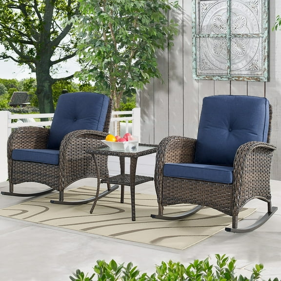 POCASSY Outdoor Brown Wicker Patio Furniture Rattan Rocking Chairs with Cushions and Side Table