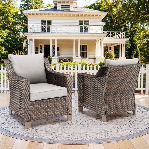 POCASSY Outdoor Chairs Set of 2 with All Weather Resistant Brown Rattan and Deep Seat High Back, Patio Furniture Set for Balcony, Backyard, Garden,Beige