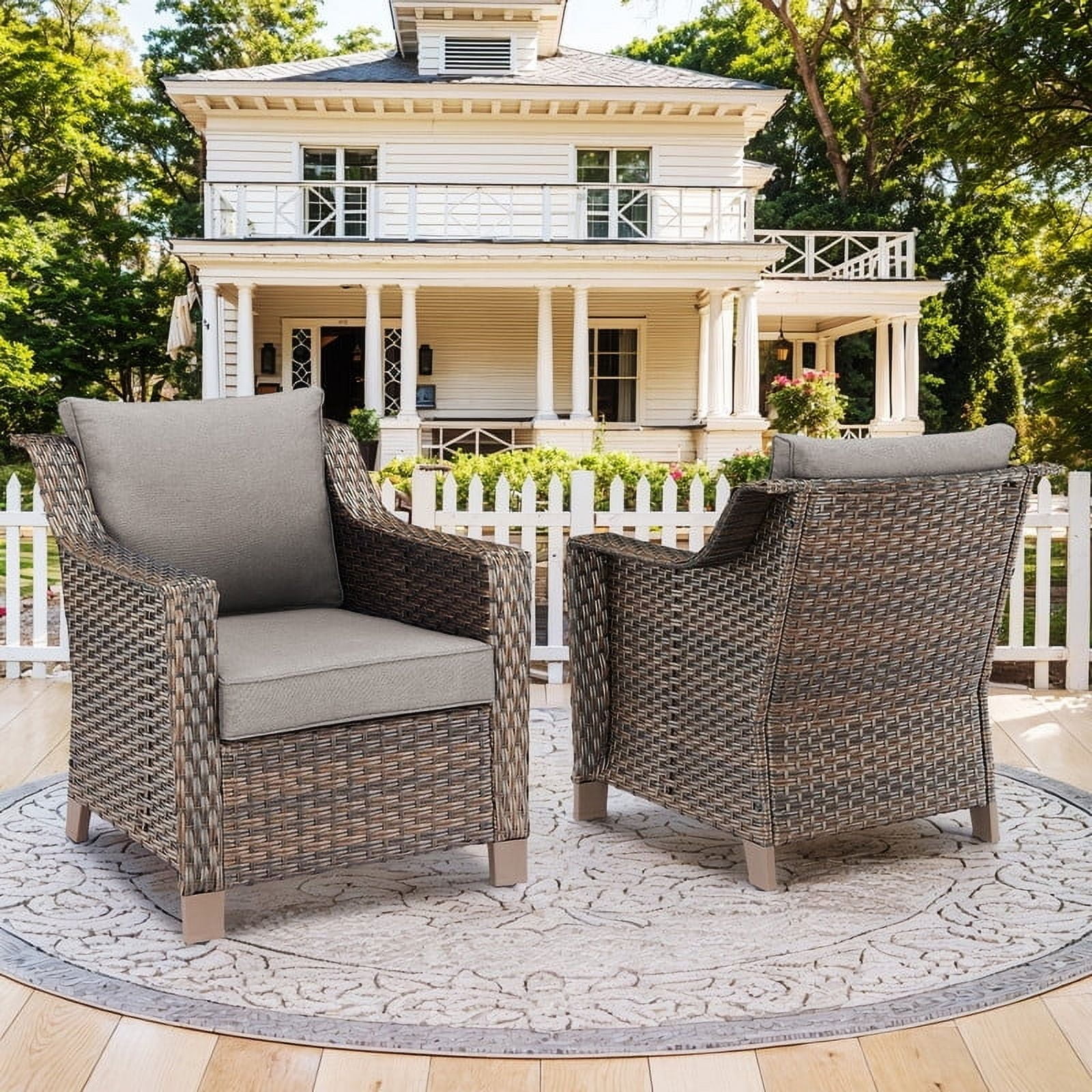 POCASSY Outdoor Chairs Set of 2 with All Weather Resistant Brown Rattan and Deep Seat High Back, Patio Furniture Set for Balcony, Backyard, Garden,Gray