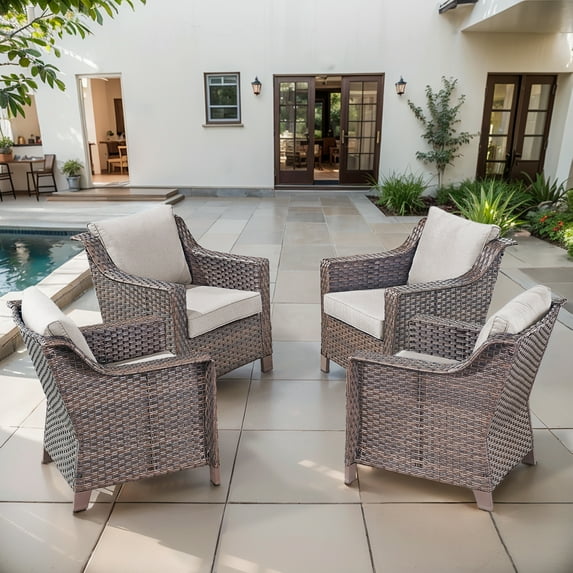 POCASSY Outdoor Chairs Set of 4 with All Weather Resistant Brown Rattan Patio Chairs, Deep Seat High Back, Patio Furniture Set for Balcony Porch, Garden, Beige