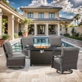 thumbnail image 1 of POCASSY Outdoor Fire Pit Conversation Set with Patio Swivel Chairs Set of 4, Outdoor Patio Furniture Set Metal Arm Swivel Chair and 43" Propane Firepit Table Rectangular, Brown Wicker/Gray Cushion, 1 of 15