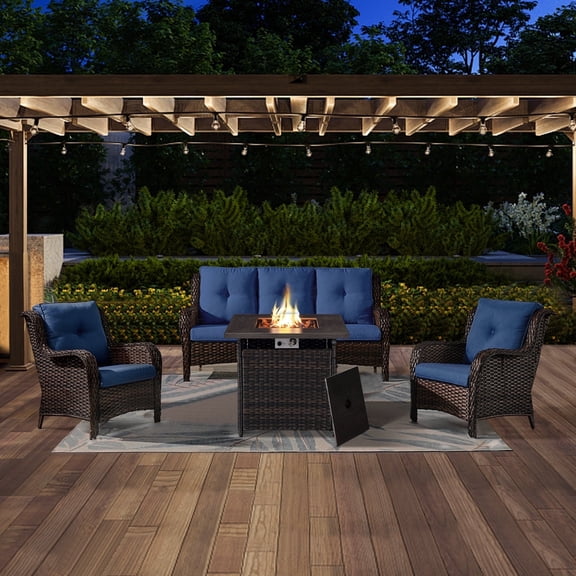 POCASSY Outdoor Fire Pit Set with 50000 BTU Fire Pit Table and Cushioned All Weather Wicker Outdoor Furniture Set for Backyard, Garden, Blue