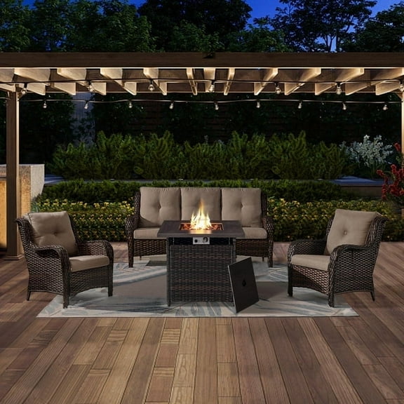 POCASSY Outdoor Fire Pit Set with 50000 BTU Fire Pit Table and Cushioned All Weather Wicker Outdoor Furniture Set for Backyard, Garden, Gray