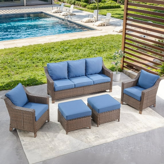 POCASSY Outdoor Furniture Set with 3 Seater Sofa, Patio Accent Chair and Ottoman, All Weather Wicker Outdoor Seating Set Wicker Patio Furniture with Cushion for Backyard, Pool,Blue