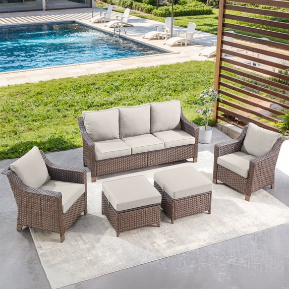 POCASSY Outdoor Furniture Set with 3 Seater Sofa, Patio Accent Chair and Ottoman, All Weather Wicker Outdoor Seating Set Wicker Patio Furniture with Cushion for Backyard, Pool,Beige