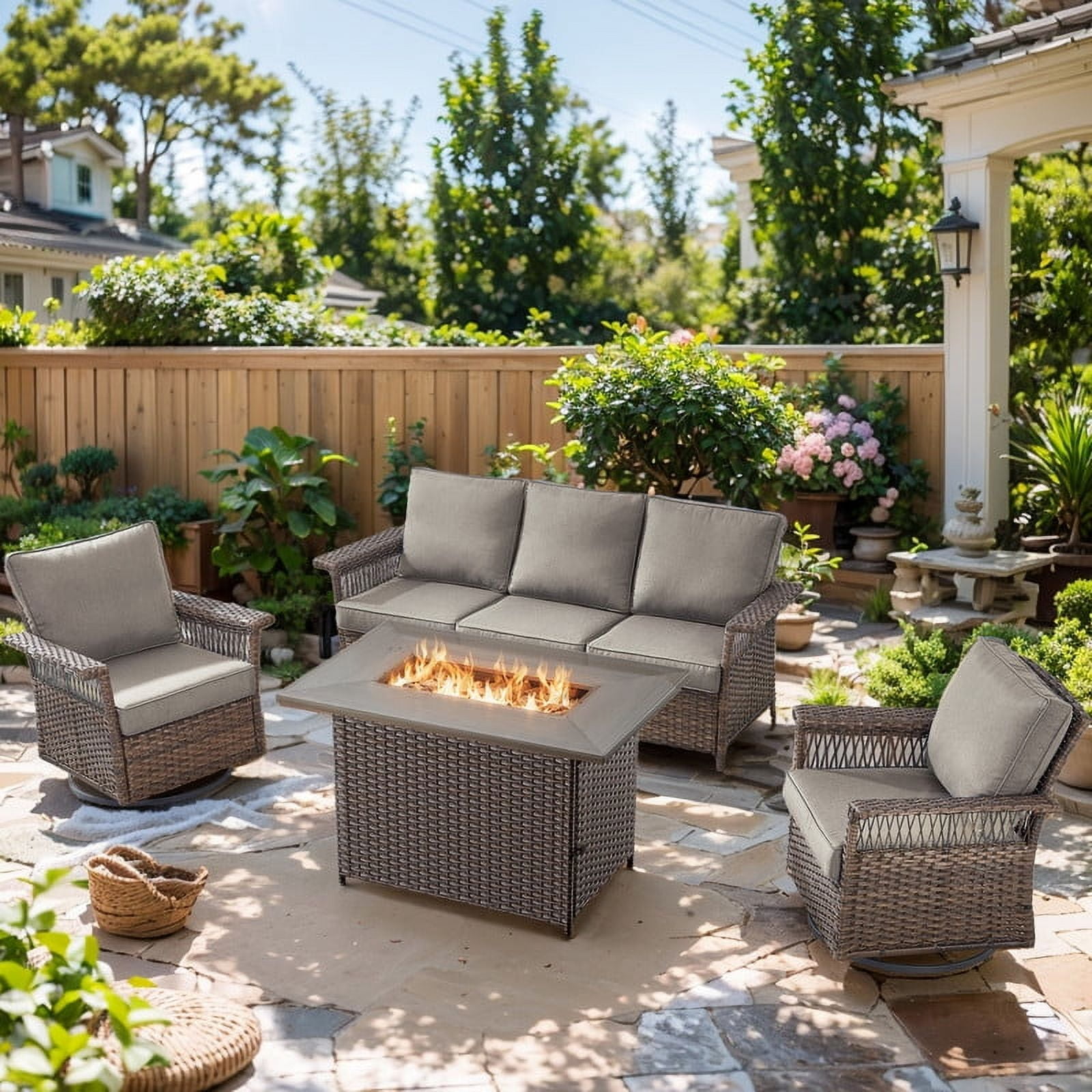 POCASSY Outdoor Furniture Set with Fire Pit Table Patio Furniture Set