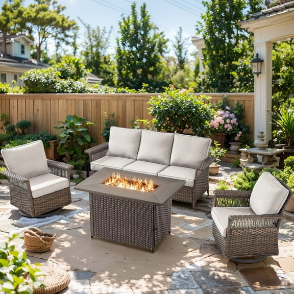 POCASSY Outdoor Furniture Set with Fire Pit Table - Patio Furniture Set with Outdoor Couch Swivel Patio Chairs and 50000BTU Fire Pit, Wicker Patio Furniture Set for Backyard Porch, Beige