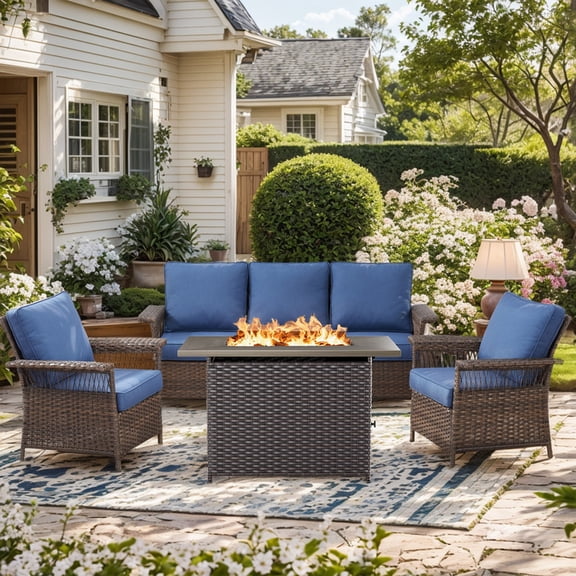 POCASSY Outdoor Furniture Set with Fire Pit Table - Patio Furniture Set with Outdoor Couch Wicker Patio Chairs and 50000BTU Fire Pit, Wicker Patio Furniture Set for Backyard Porch, Blue