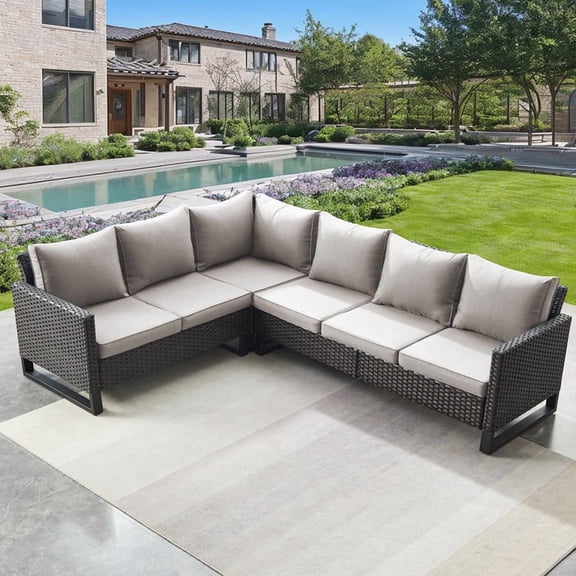 POCASSY Outdoor Furniture Set with Outdoor Sectional Sofa, 102 Inch Width Patio L Shape Sectional Sofa Brown Wicker Rattan Couch for Porch Deck Backyard, Brown/Beige