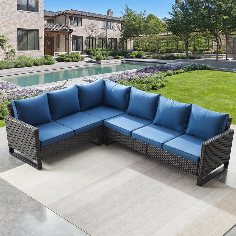 POCASSY Outdoor Furniture Set with Outdoor Sectional Sofa, 102 Inch Width Patio L Shape Sectional Sofa Brown Wicker Rattan Couch for Porch Deck Backyard, Brown/Blue