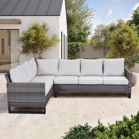 POCASSY Outdoor Furniture Set with Outdoor Sectional Sofa, 102 Inch Width Patio L Shape Sectional Sofa Gray Wicker Rattan Couch for Porch Deck Backyard, Gray/Beige