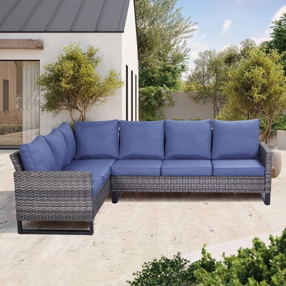 POCASSY Outdoor Furniture Set with Outdoor Sectional Sofa, 102 Inch Width Patio L Shape Sectional Sofa Gray Wicker Rattan Couch for Porch Deck Backyard, Gray/Blue