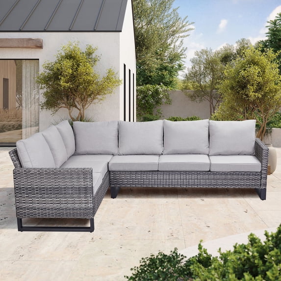 POCASSY Outdoor Furniture Set with Outdoor Sectional Sofa, 102 Inch Width Patio L Shape Sectional Sofa Gray Wicker Rattan Couch for Porch Deck Backyard, Gray/Gray