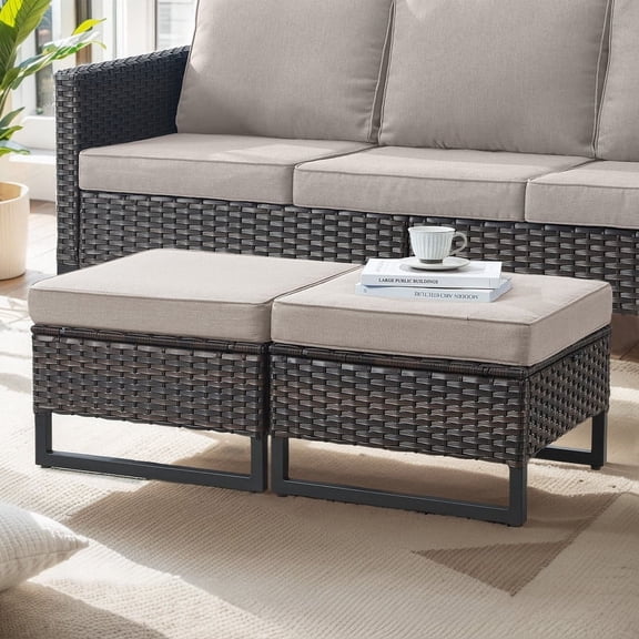 POCASSY Outdoor Patio Brown Ottoman with Cushion(Set of 2)